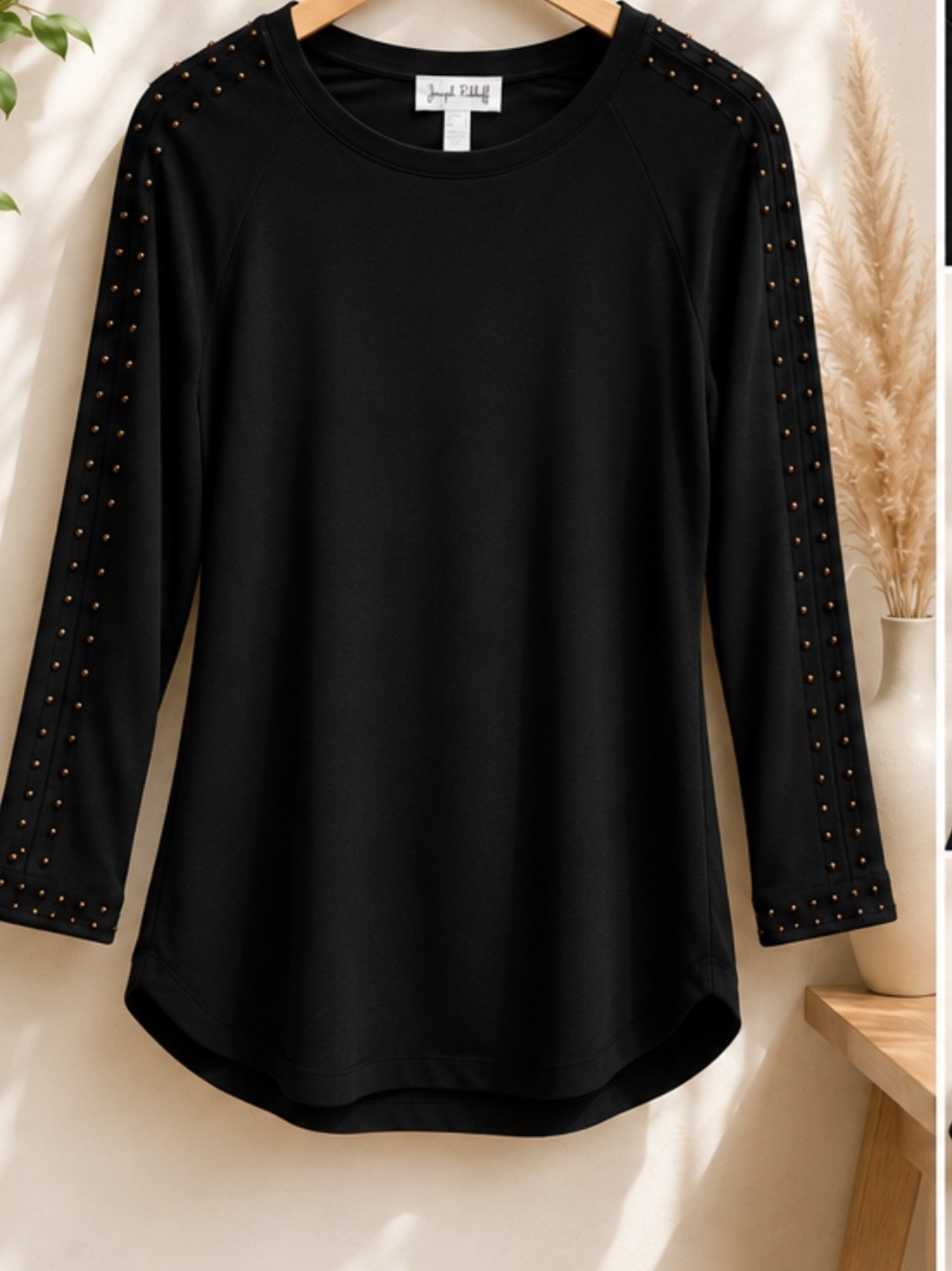 Joseph Ribkoff Black Studded Sleeve Long Sleeve Top – US Size 10 – Made in Canad